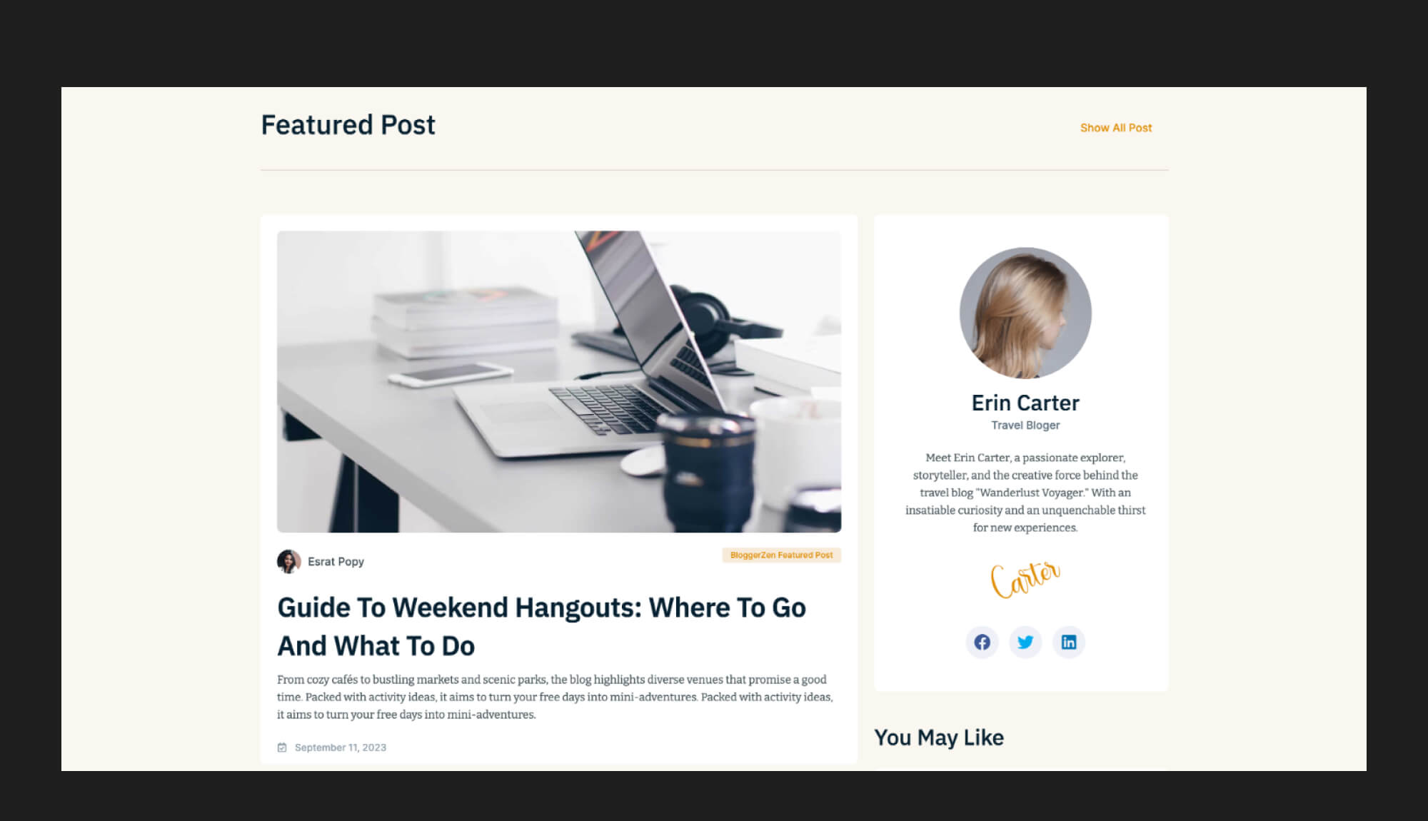 BloggerZen Blogging site Template For Elementor Posts With Sidebar