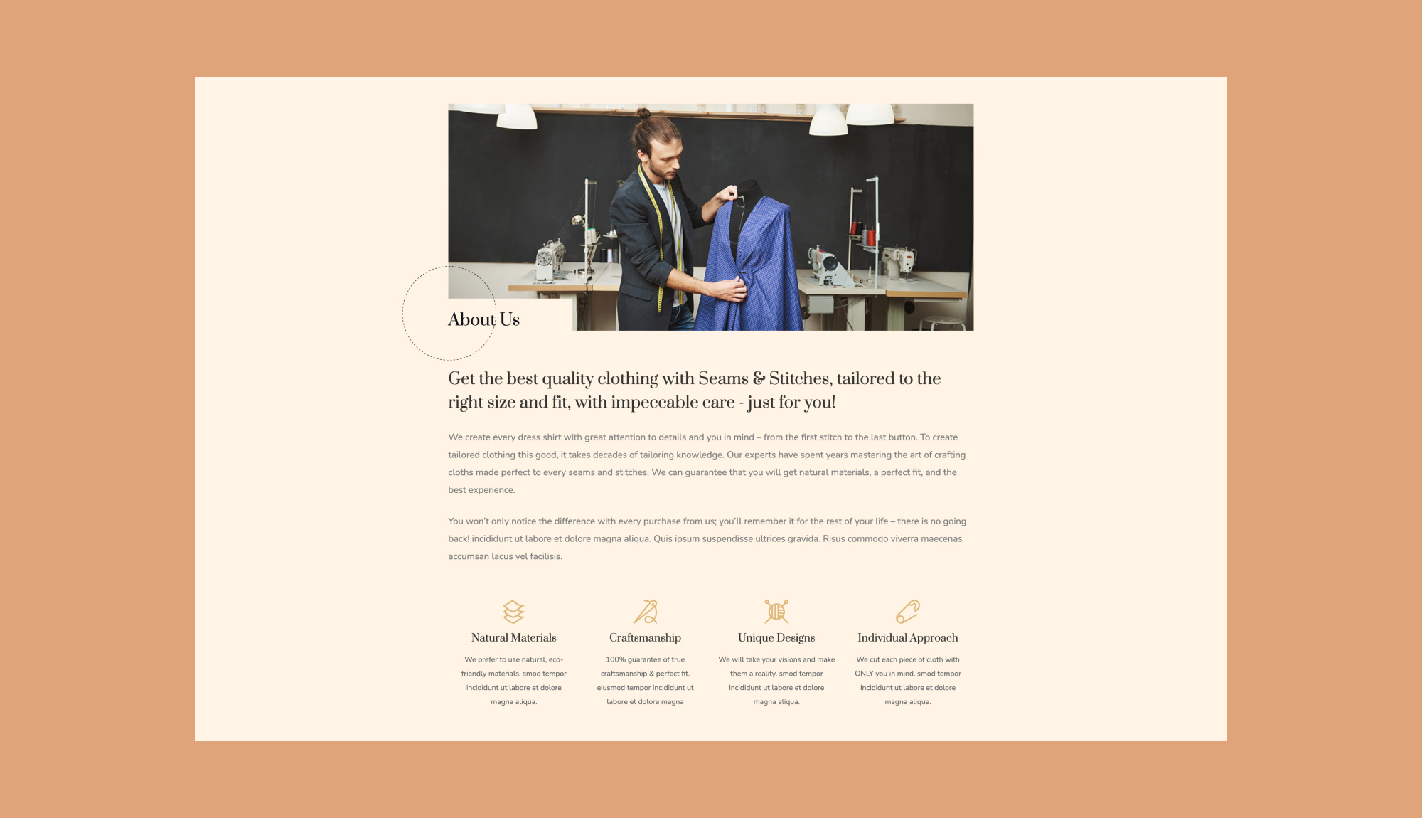 Seams & Stitches - Tailor Shop Website Template Info Section | Templately