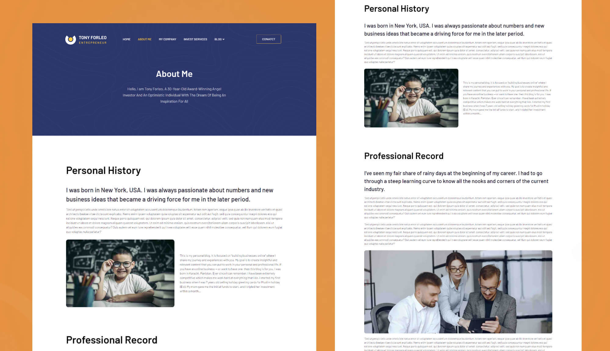 Tony Forleo - Entrepreneur Website Template About Me Page | Templately